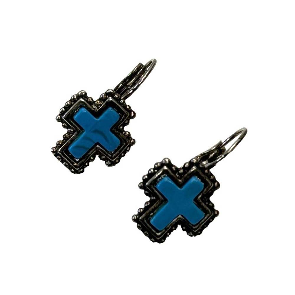 Blue Faux Stone Cross Silver Tone Earrings